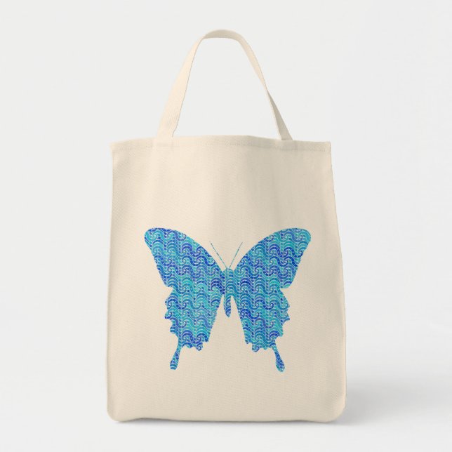 Butterfly image, abstract pattern, shades of blue tote bag (Front)