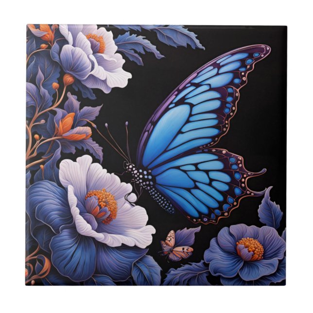 Butterfly in a floral garden at night tile (Front)