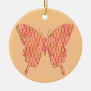 Butterfly in abstract print - shades of orange ceramic ornament
