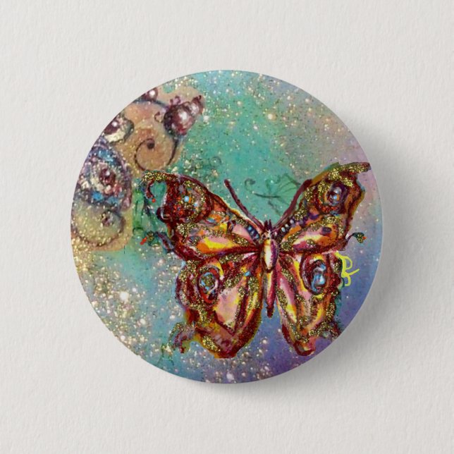 BUTTERFLY IN BLUE GOLD SPARKLES 2 INCH ROUND BUTTON (Front)