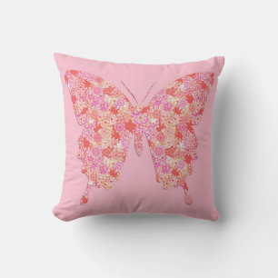 Butterfly in flower pattern - pink, orange throw pillow