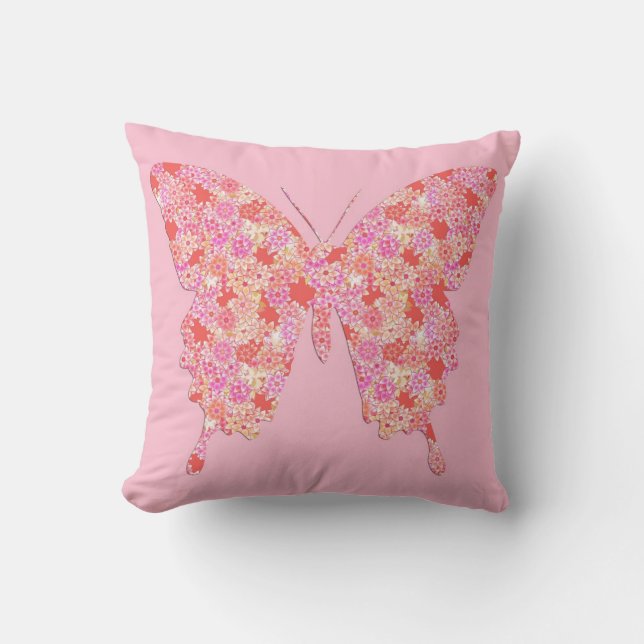 Butterfly in flower pattern - pink, orange throw pillow (Front)