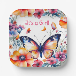 Butterfly in Flowers Girl's Baby Shower Paper Plate