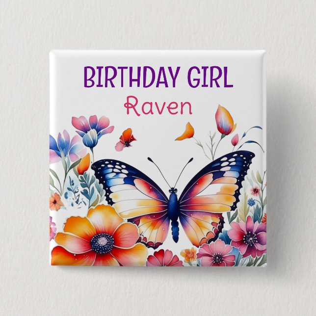 Butterfly in Flowers Girl's Birthday Girl  2 Inch Square Button (Front)