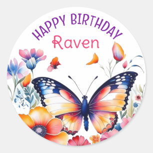 Butterfly in Flowers Girl's Birthday Party Classic Round Sticker