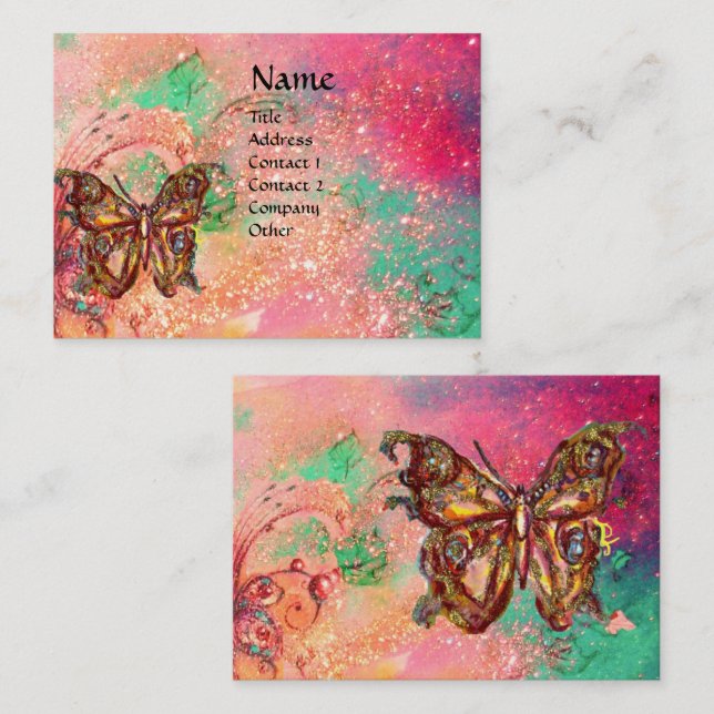 BUTTERFLY IN PINK FUCHSIA GOLD SPARKLES BUSINESS CARD (Front/Back)