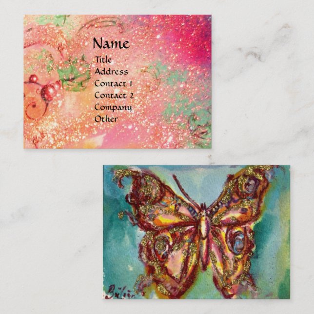 BUTTERFLY IN PINK FUCHSIA GOLD SPARKLES BUSINESS CARD (Front/Back)