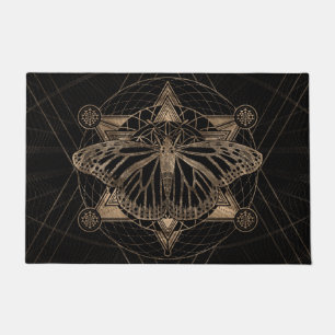 Butterfly in Sacred Geometry - Black and Gold Doormat