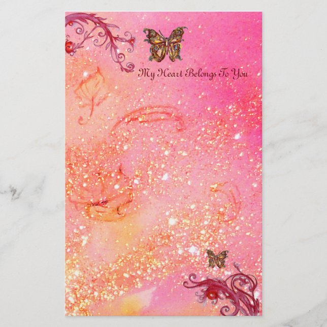BUTTERFLY IN SPARKLES 2, red pink Stationery (Front)