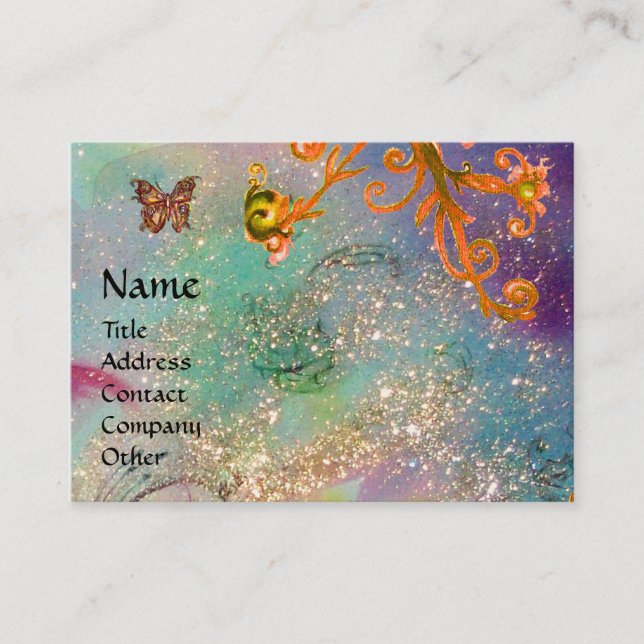 BUTTERFLY IN SPARKLES, BLUE YELLOW SWIRLS MONOGRAM BUSINESS CARD (Front)