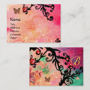 BUTTERFLY IN SPARKLES, PINK,BLACK SWIRLS MONOGRAM BUSINESS CARD