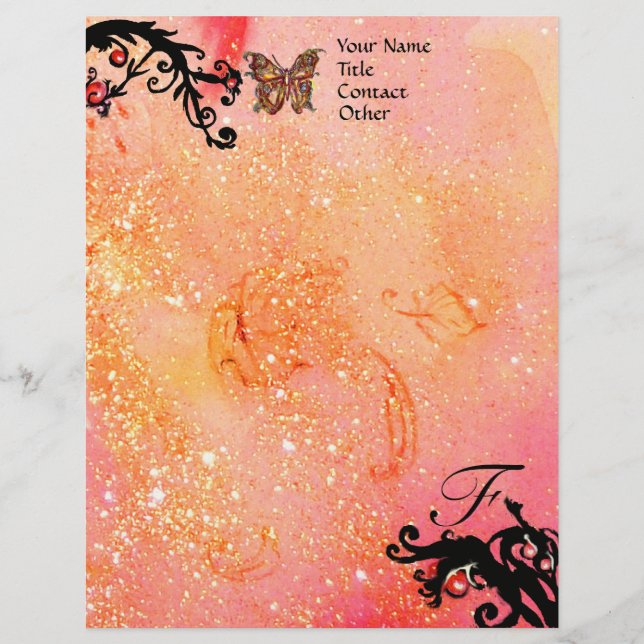 BUTTERFLY IN SPARKLES ,Pink Black Swirls Monogram Letterhead (Front)