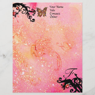 BUTTERFLY IN SPARKLES ,Pink Black Swirls Monogram Letterhead