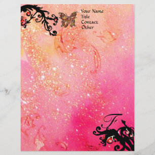 BUTTERFLY IN SPARKLES ,Pink Fuchsia Black Monogram Letterhead