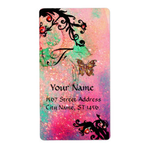 BUTTERFLY IN SPARKLES , pink green black swirls