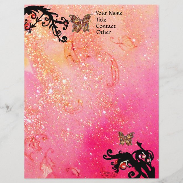 BUTTERFLY IN SPARKLES ,Pink Red Black Swirls Letterhead (Front)