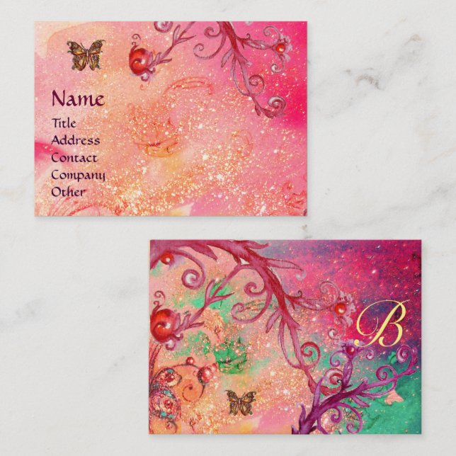 BUTTERFLY IN SPARKLES, PINK,RED SWIRLS MONOGRAM BUSINESS CARD (Front/Back)