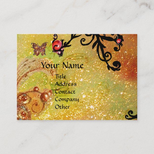 BUTTERFLY IN SPARKLES,YELLOW,BLACK SWIRLS MONOGRAM BUSINESS CARD (Front)