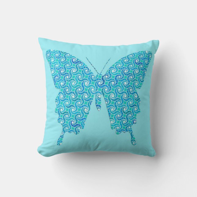 Butterfly in swirled print - turquoise throw pillow (Front)
