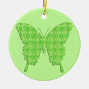 Butterfly in wallpaper print - lime green ceramic ornament