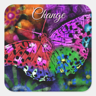 Butterfly Insect Abstract Purple Green Pink Orange Square Sticker