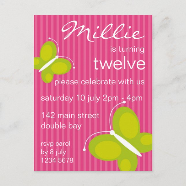 Butterfly Invitation [lime + pink] Postcard (Front)