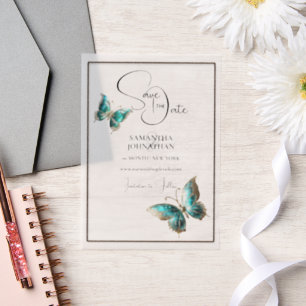 Butterfly jewel blue silver save the date vellum invitations