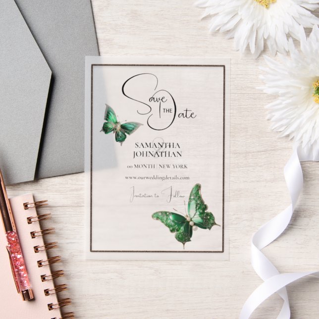 Butterfly jewel emerald green silver save the date vellum invitations (Wedding)