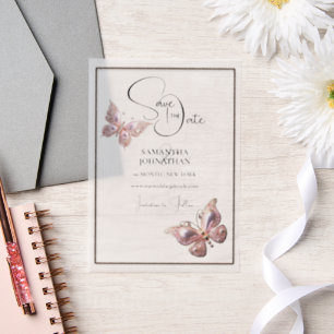 Butterfly jewel pink silver save the date vellum invitations