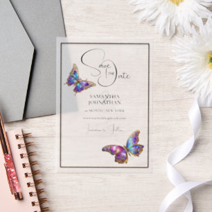 Butterfly jewel purple blue save the date vellum invitations