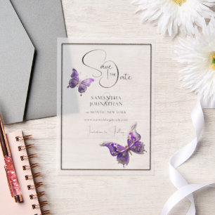Butterfly jewel purple silver save the date vellum invitations