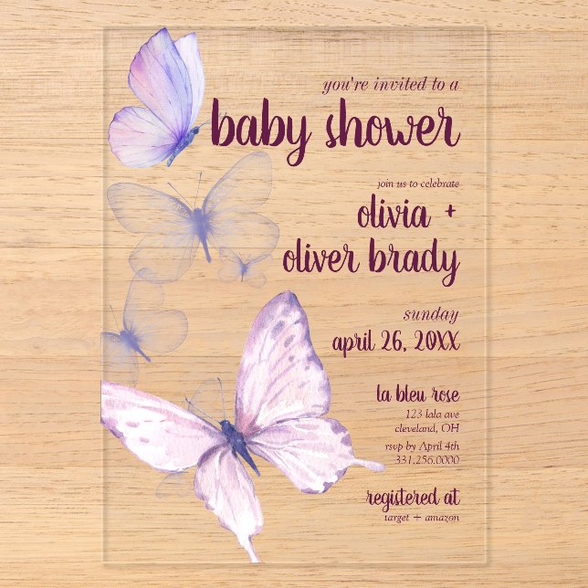 Butterfly Kiss & Baby Wishes | Baby Shower Purple Acrylic Invitations (Front)