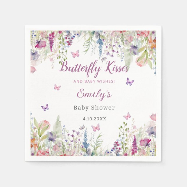 Butterfly Kisses and Baby Wishes Girl Baby Shower Napkin (Front)