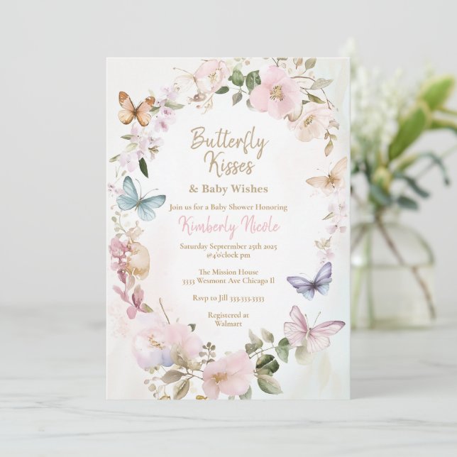 Butterfly kisses baby shower invitation (Standing Front)