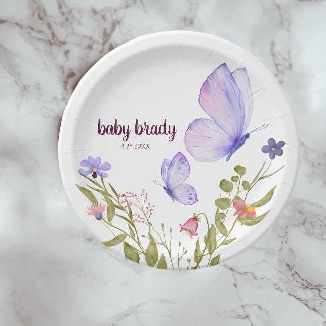 Butterfly Kisses & Baby Wishes | Purple Party Paper Plate (Creator Uploaded)