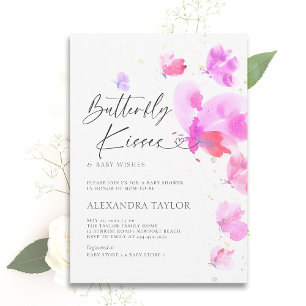 Butterfly Kisses Bold Pink Chic Baby Girl Shower Invitation
