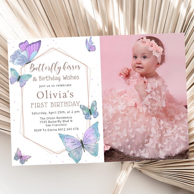 Butterfly Kisses Butterfly Girls Birthday Photo Invitation (Creator Uploaded)