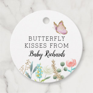 Butterfly Kisses Cute Baby Shower Floral Favour Tags