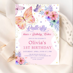 Butterfly Kisses Floral Pink Girl Birthday Invitation