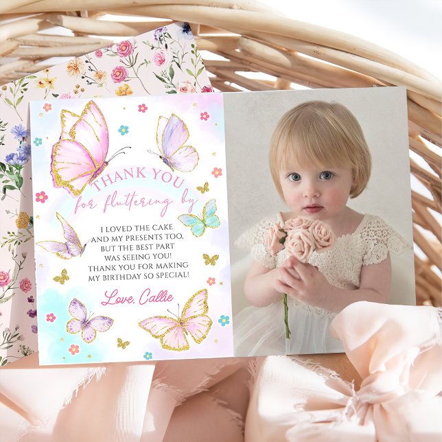 Butterfly kisses Girl Birthday Photo Thank You Card (Creator Uploaded)