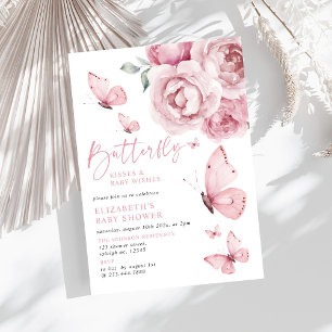 Butterfly Kisses Pink Floral Girl Baby Shower Invitation