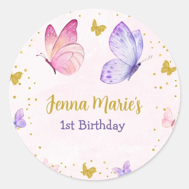 BUTTERFLY KISSES PINK & PURPLE 1ST BIRTHDAY CLASSIC ROUND STICKER (Front)