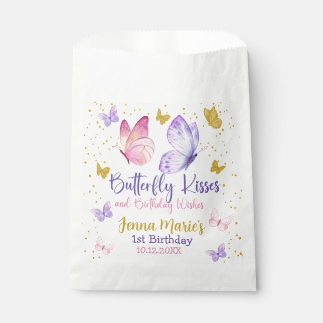 BUTTERFLY KISSES PINK & PURPLE 1ST BIRTHDAY FAVOUR BAG (Front)