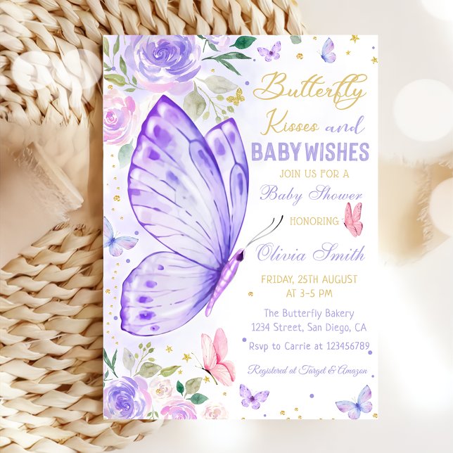 Butterfly Kisses Purple Floral Girl Baby Shower Invitation (Creator Uploaded)