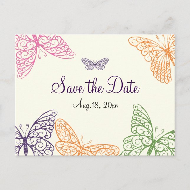 Butterfly Kisses Save the Date ivory Announcement Postcard (Front)