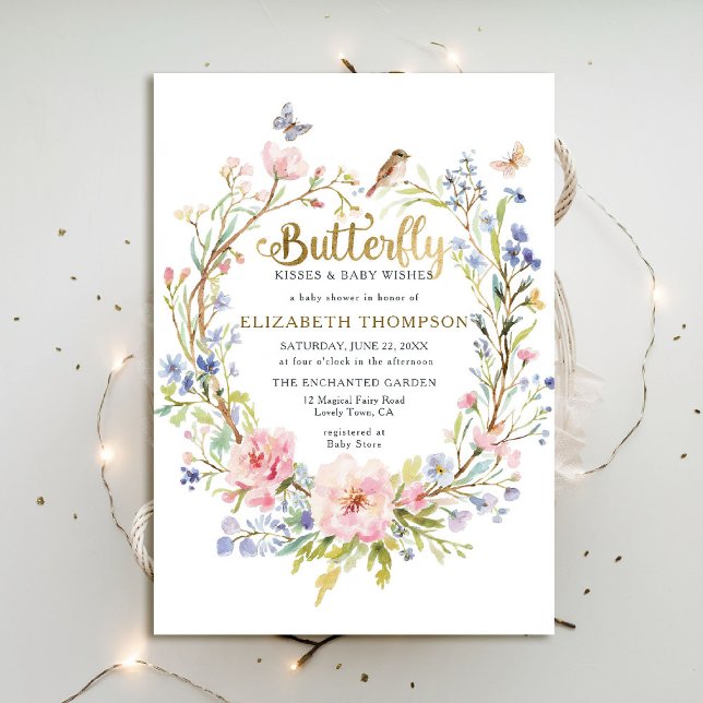 Butterfly Kisses Wildflowers Garden Baby Shower Invitation (butterfly kisses baby shower invitation fairy enchanted garden woodland forest bird spring summer)