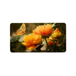 Butterfly Kissing Golden Yellow Flowers Label