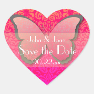 Butterfly Lace "Save the Date" (hot pink & coral) Heart Sticker