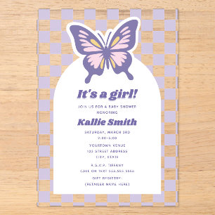 Butterfly Lavender Chequerboard Girl Baby Shower Acrylic Invitations