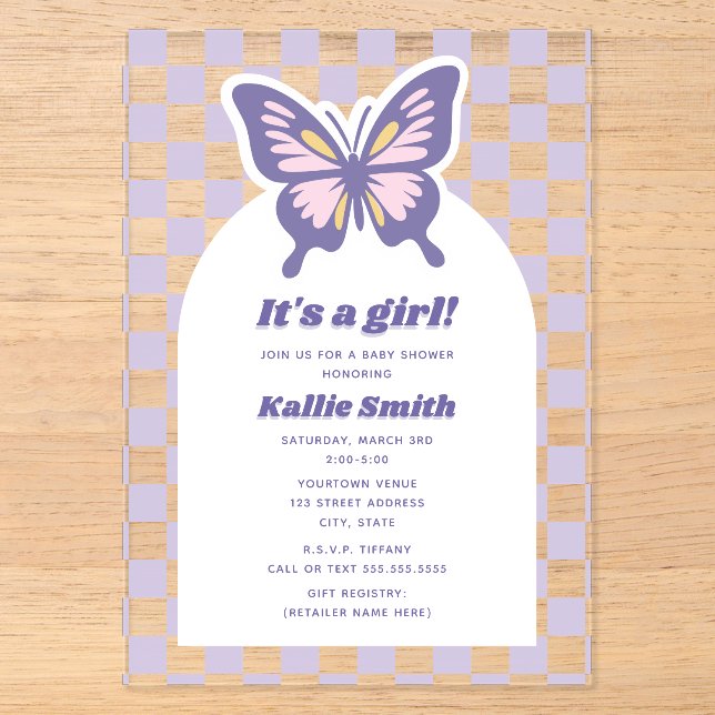 Butterfly Lavender Chequerboard Girl Baby Shower Acrylic Invitations (Front)